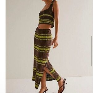 Free People Donni Sweater Set Midi Skirt Tank Crochet Coverup—Brown-Small NWOT